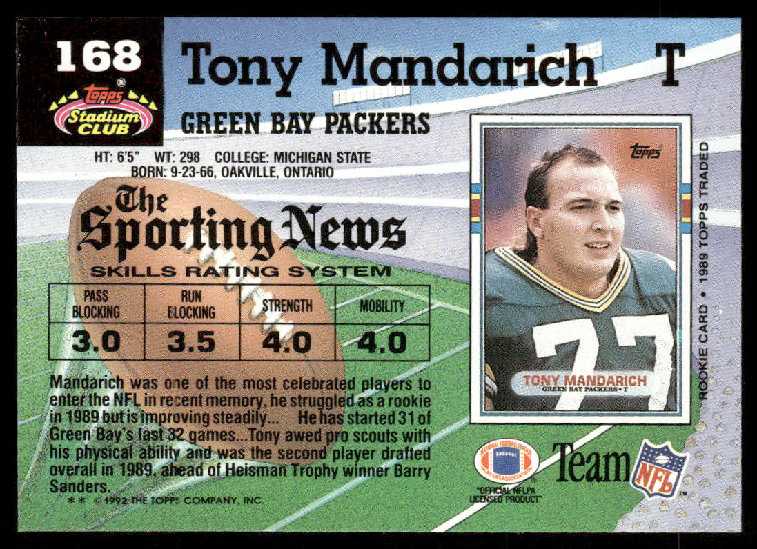 Tony Mandarich 1992 Stadium Club #168 Green Bay Packers