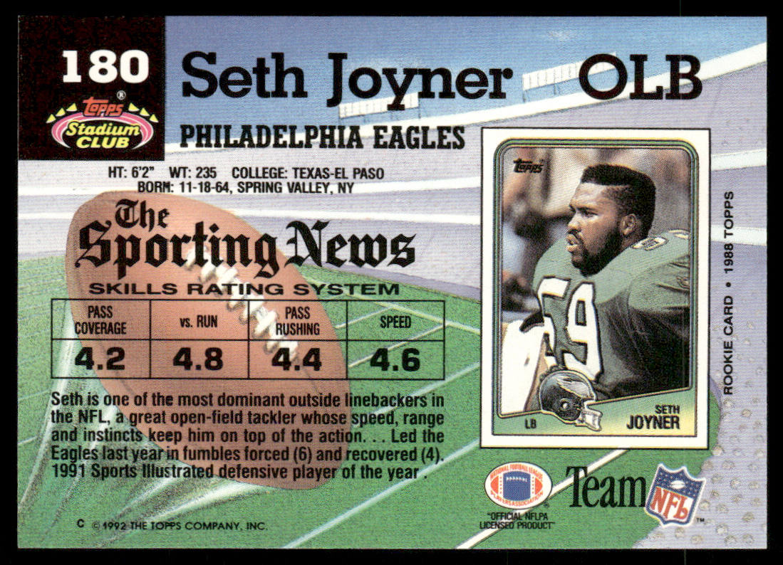 Seth Joyner 1992 Stadium Club #180 Philadelphia Eagles
