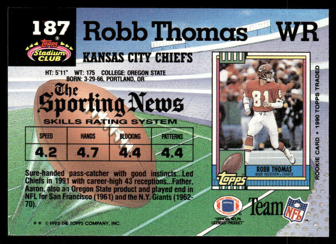 Robb Thomas 1992 Stadium Club #187 Kansas City Chiefs