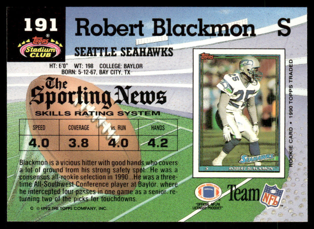 Robert Blackmon 1992 Stadium Club #191 Seattle Seahawks