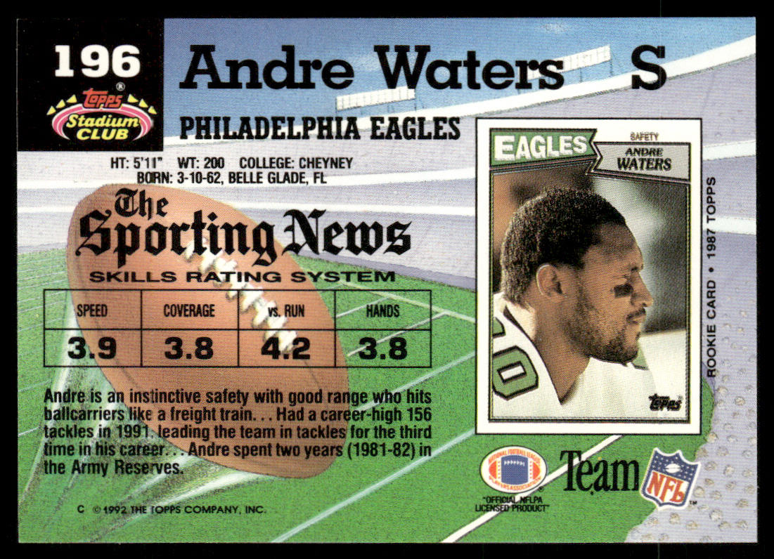 Andre Waters 1992 Stadium Club #196 Philadelphia Eagles