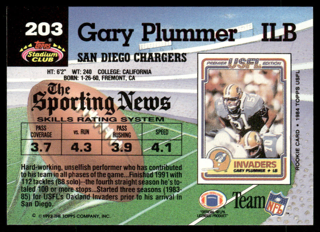 Gary Plummer 1992 Stadium Club #203 San Diego Chargers