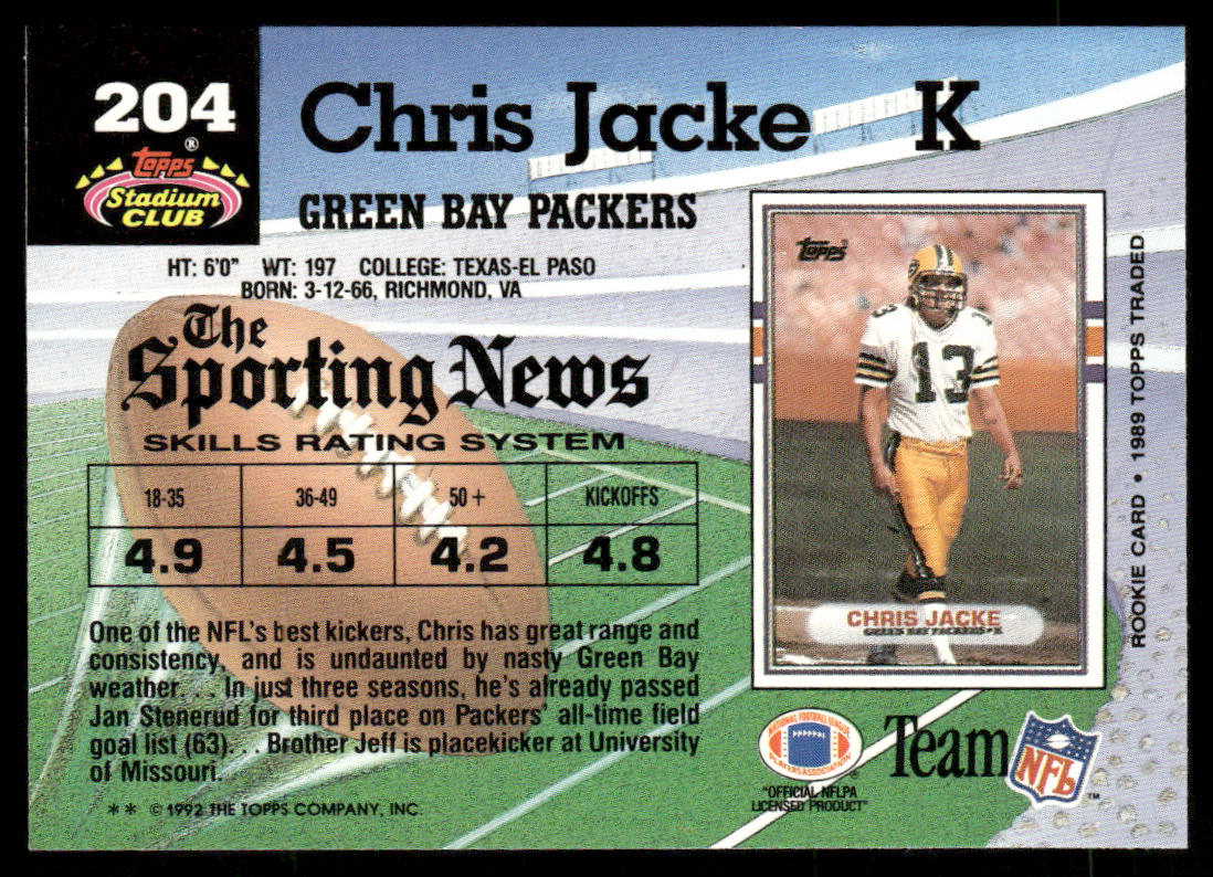 Chris Jacke 1992 Stadium Club #204 Green Bay Packers