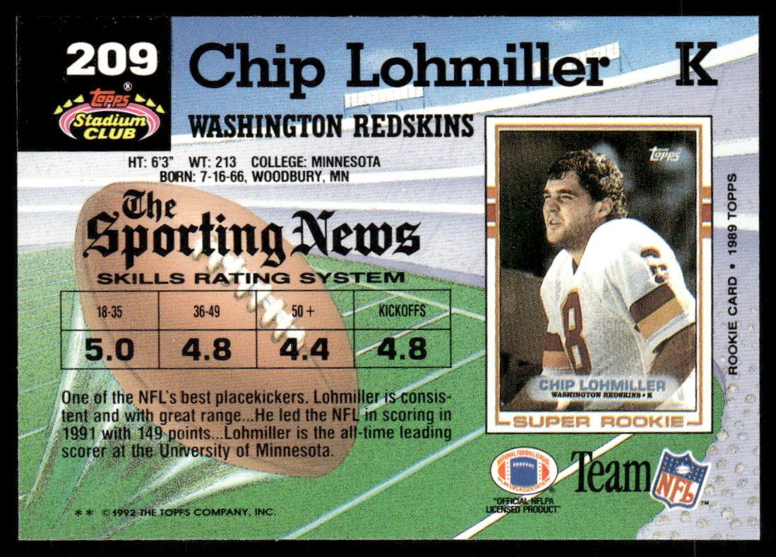 Chip Lohmiller 1992 Stadium Club #209 Washington Redskins