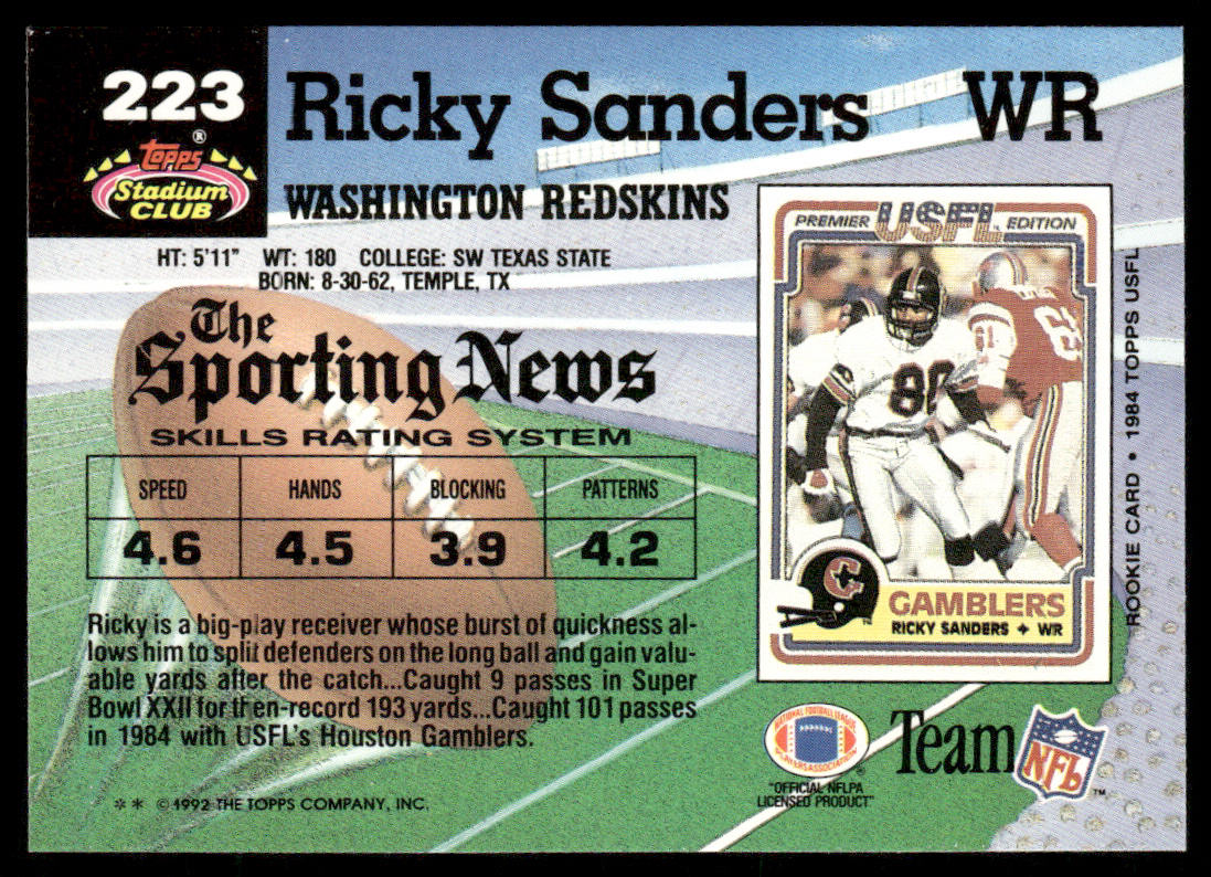 Ricky Sanders 1992 Stadium Club #223 Washington Redskins