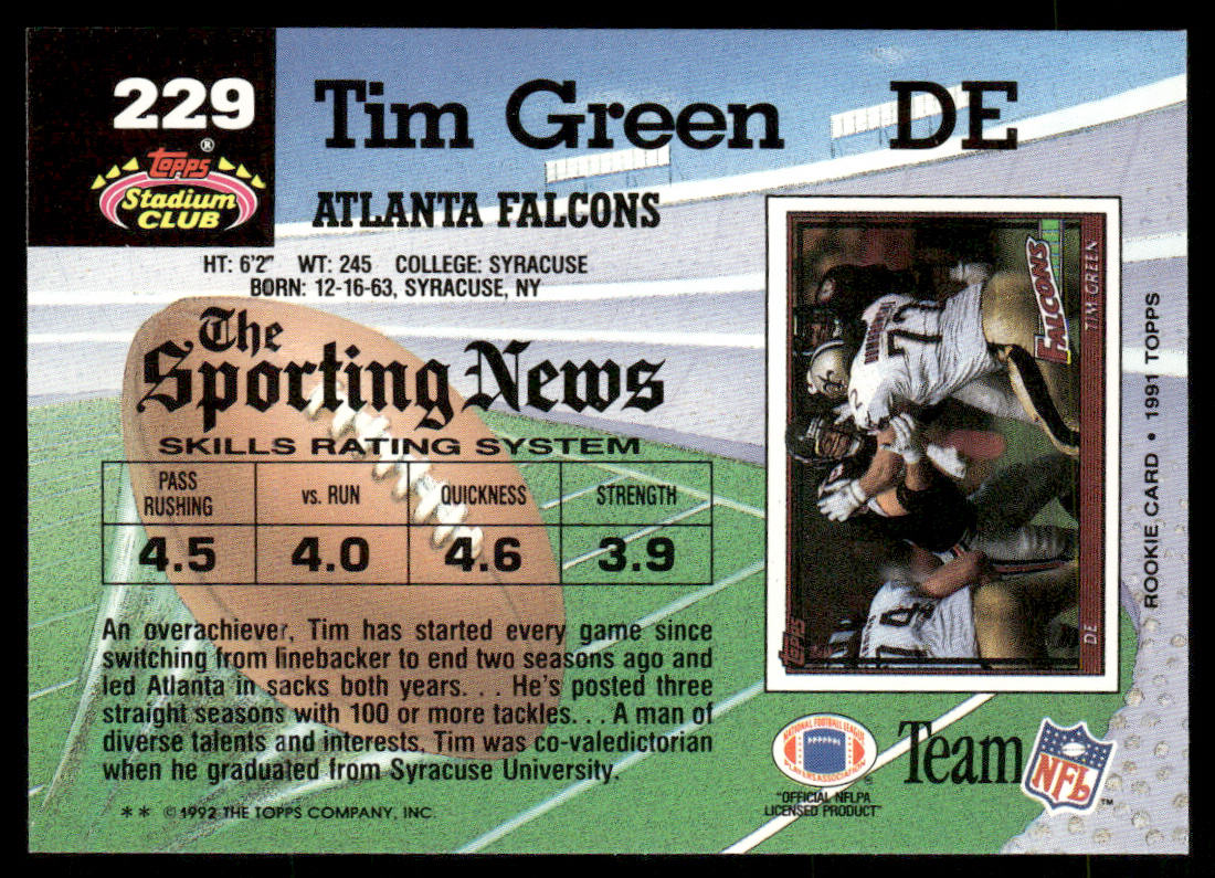 Tim Green 1992 Stadium Club #229 Atlanta Falcons