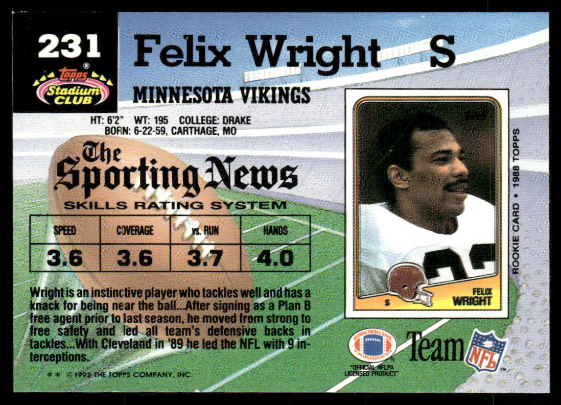 Felix Wright 1992 Stadium Club #231 Minnesota Vikings