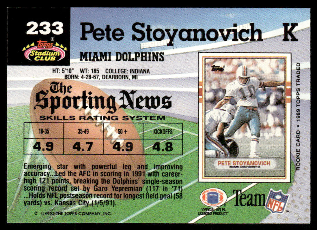Pete Stoyanovich 1992 Stadium Club #233 Miami Dolphins