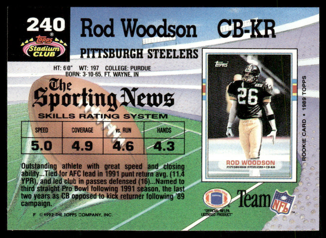 Rod Woodson 1992 Stadium Club #240 Pittsburgh Steelers