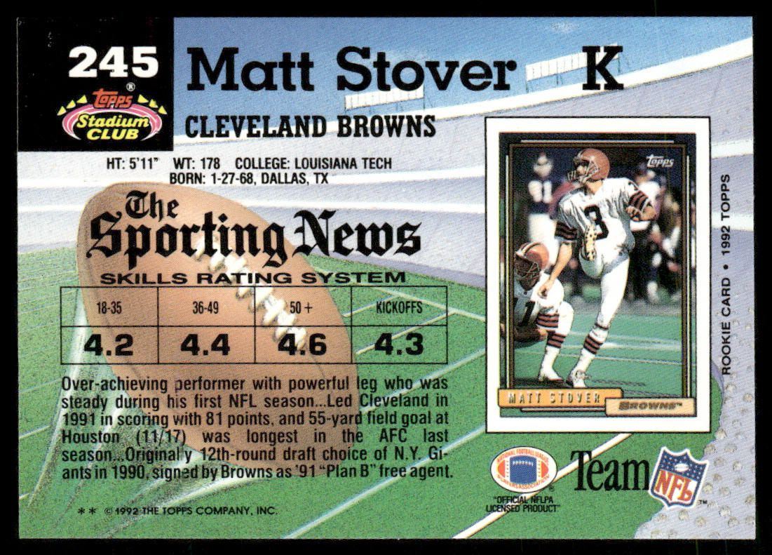 Matt Stover 1992 Stadium Club #245 Cleveland Browns