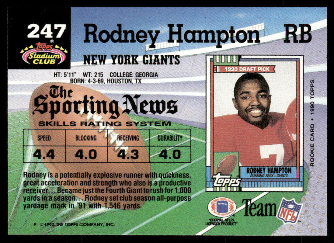 Rodney Hampton 1992 Stadium Club #247 New York Giants