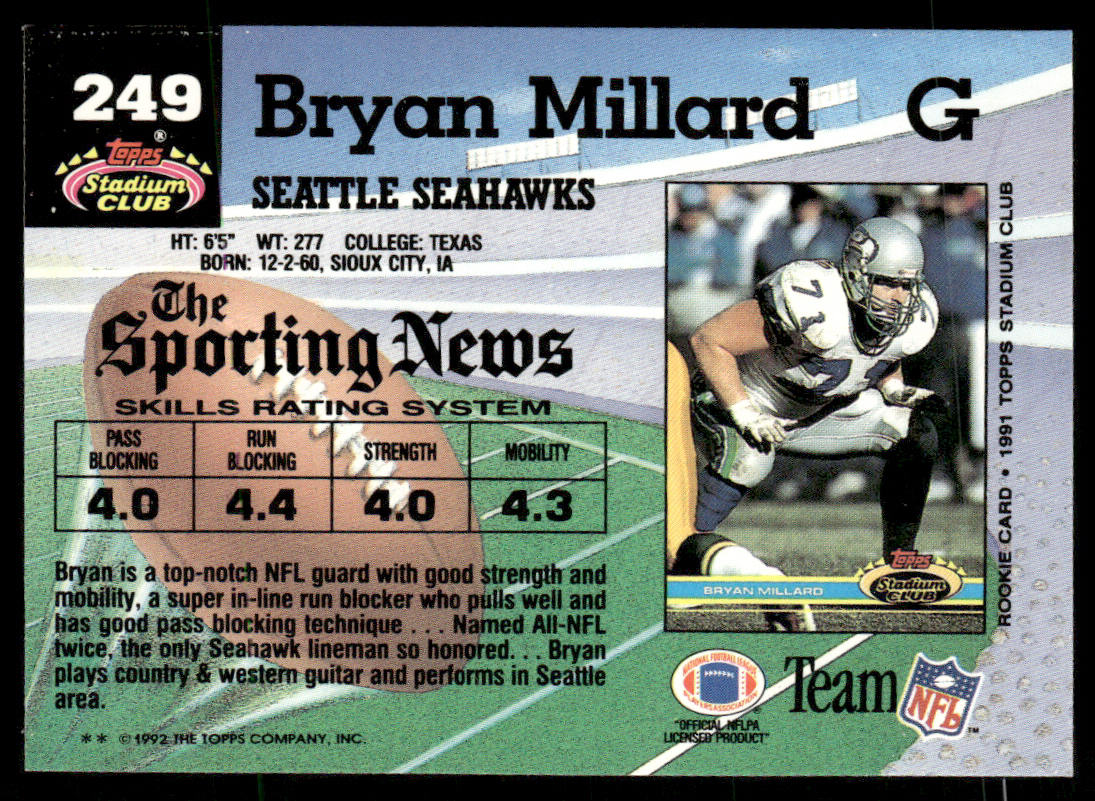 Bryan Millard 1992 Stadium Club #249 Seattle Seahawks