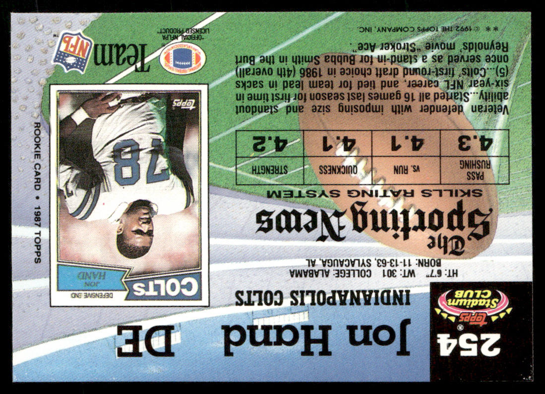 Jon Hand 1992 Stadium Club #254 Indianapolis Colts