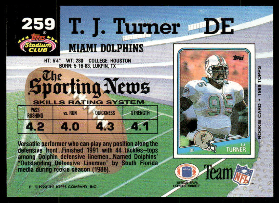 T.J. Turner 1992 Stadium Club #259 Miami Dolphins