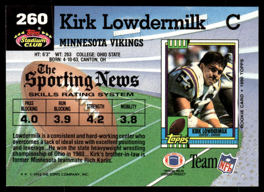 Kirk Lowdermilk 1992 Stadium Club #260 Minnesota Vikings
