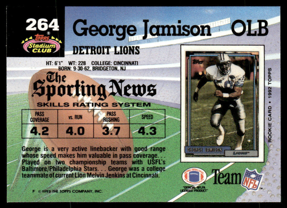 George Jamison 1992 Stadium Club #264 Detroit Lions