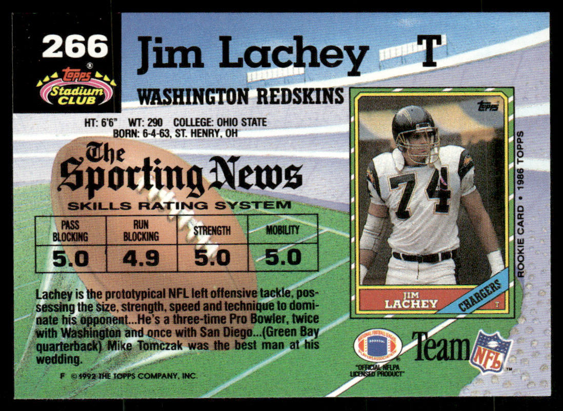 Jim Lachey 1992 Stadium Club #266 Washington Redskins