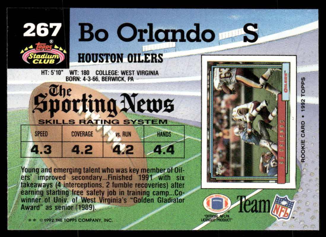 Bo Orlando 1992 Stadium Club #267 RC Houston Oilers
