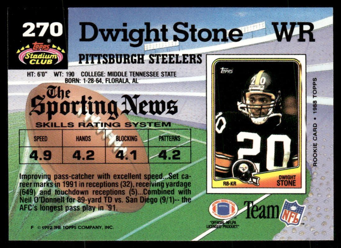 Dwight Stone 1992 Stadium Club #270 Pittsburgh Steelers