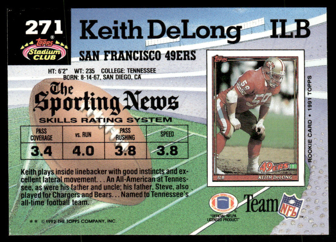 Keith DeLong 1992 Stadium Club #271 San Francisco 49ers