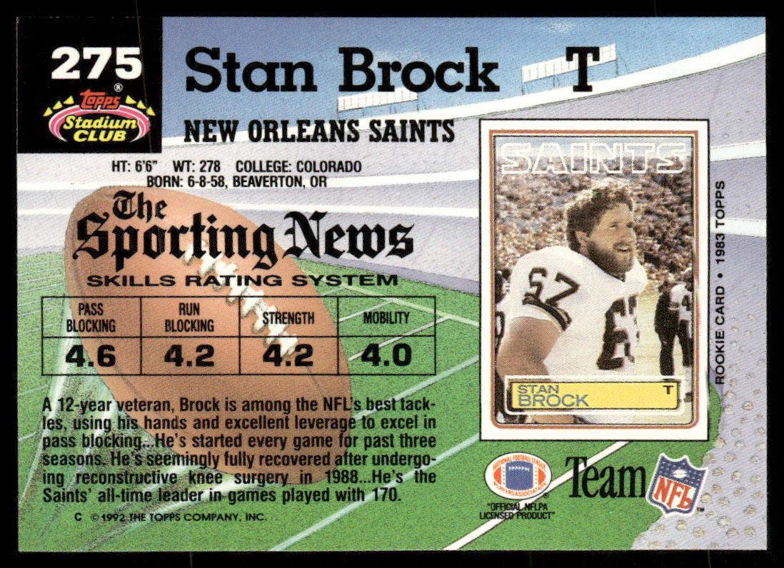 Stan Brock 1992 Stadium Club #275 New Orleans Saints