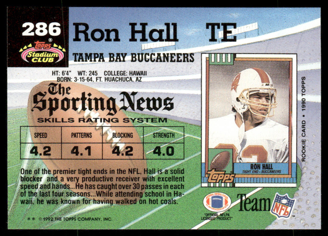 Ron Hall 1992 Stadium Club #286 Tampa Bay Buccaneers