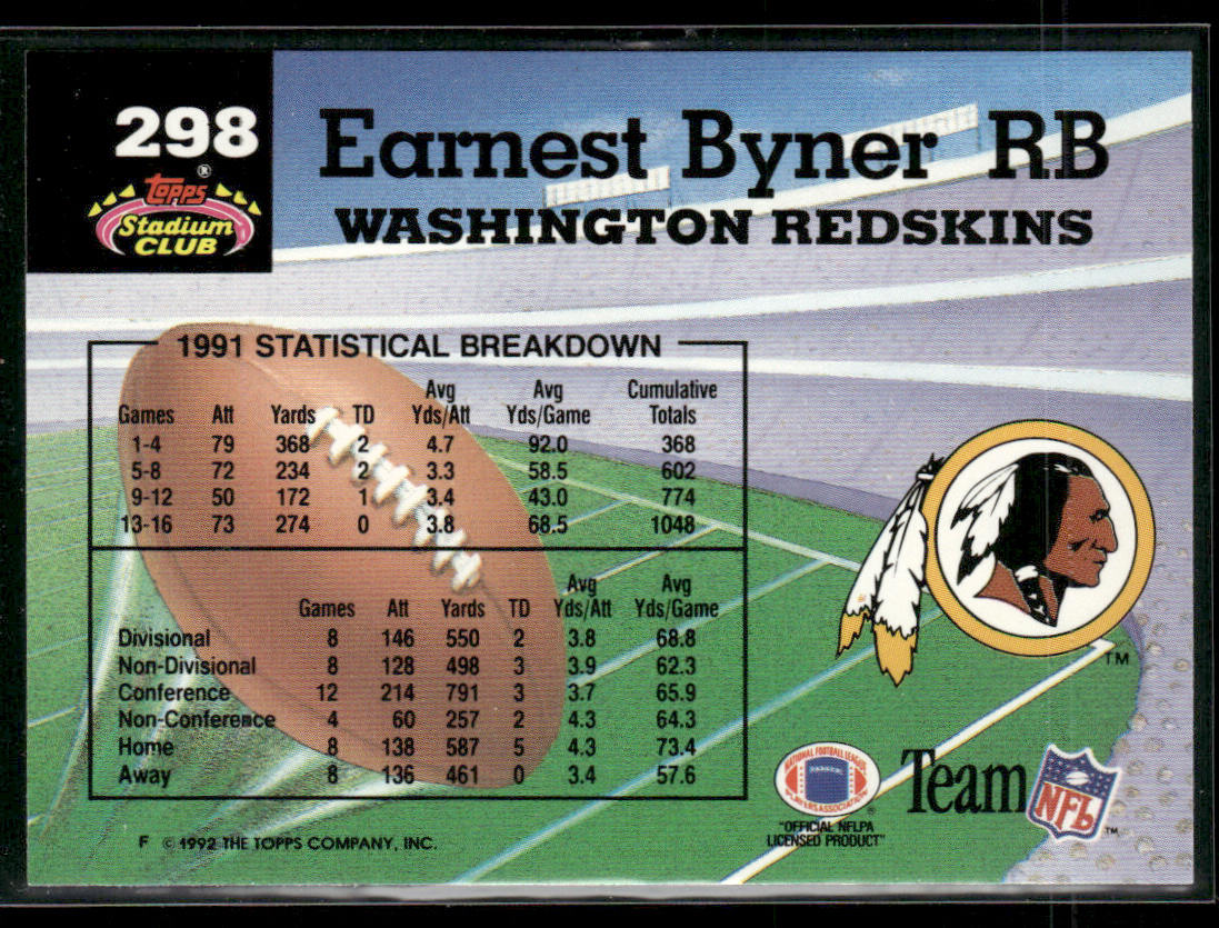 Earnest Byner 1992 Stadium Club #298 Members Choice Washington Redskins
