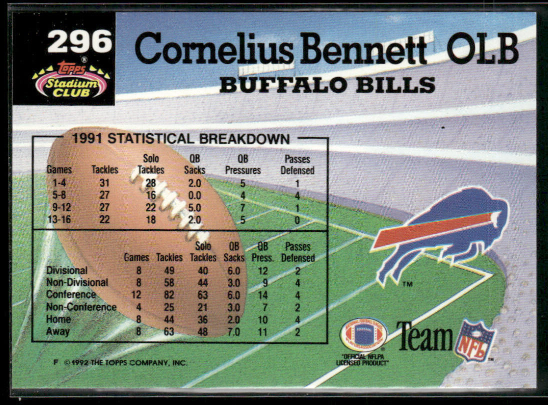 Cornelius Bennett 1992 Stadium Club #296 Members Choice Buffalo Bills