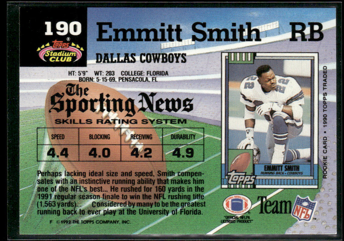 Emmitt Smith 1992 Stadium Club #190 Dallas Cowboys