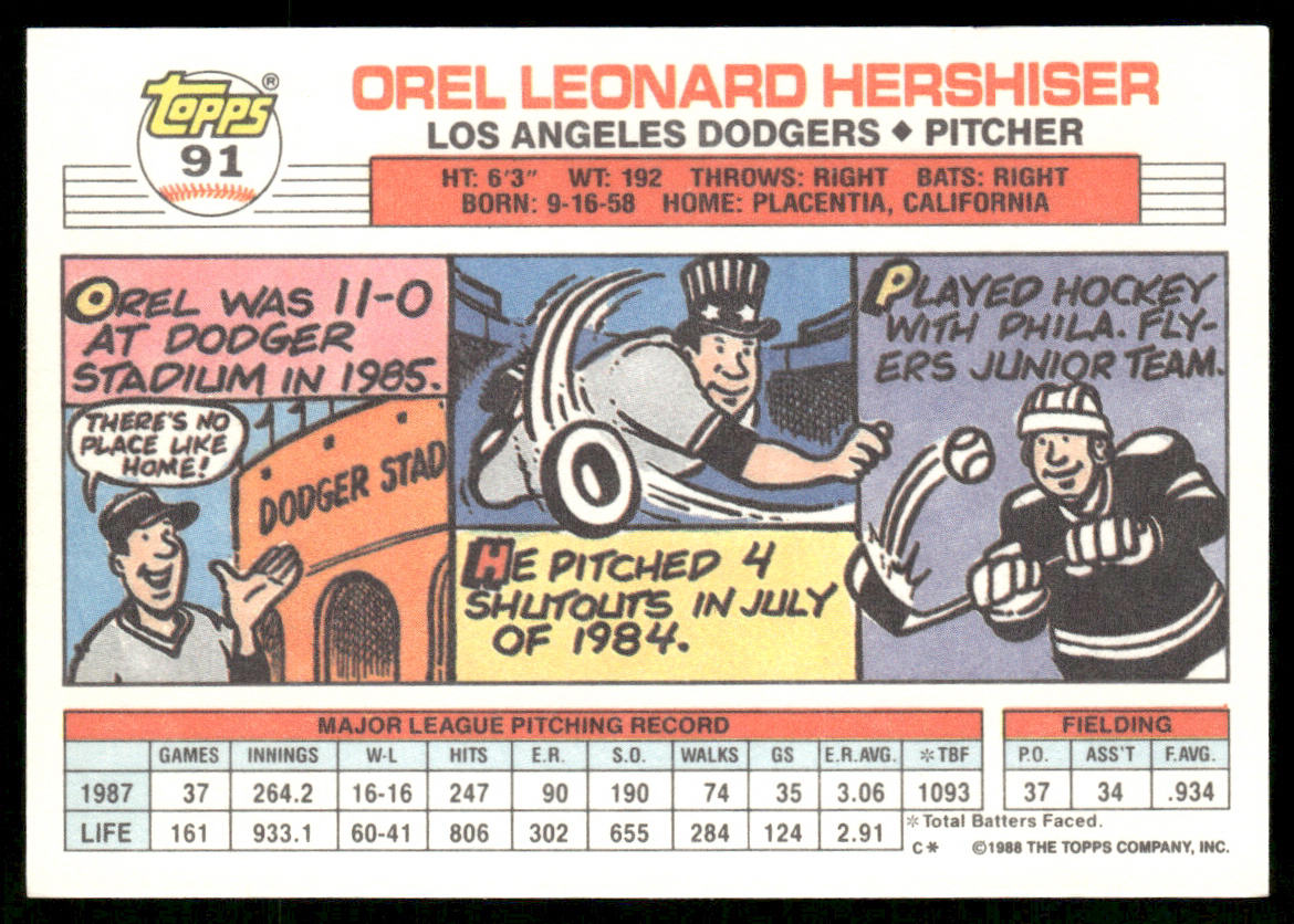 Orel Hershiser 1988 Topps Big #91 Los Angeles Dodgers
