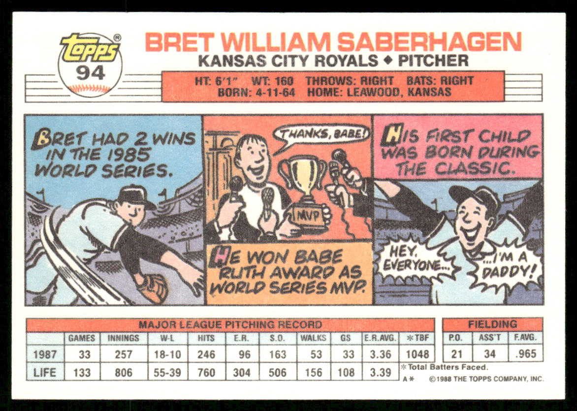 Bret Saberhagen 1988 Topps Big #94b Kansas City Royals