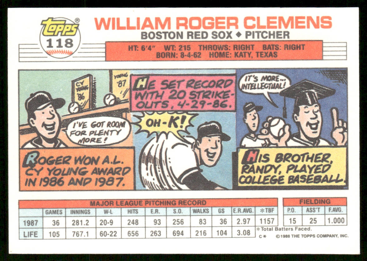 Roger Clemens 1988 Topps Big #118a Boston Red Sox
