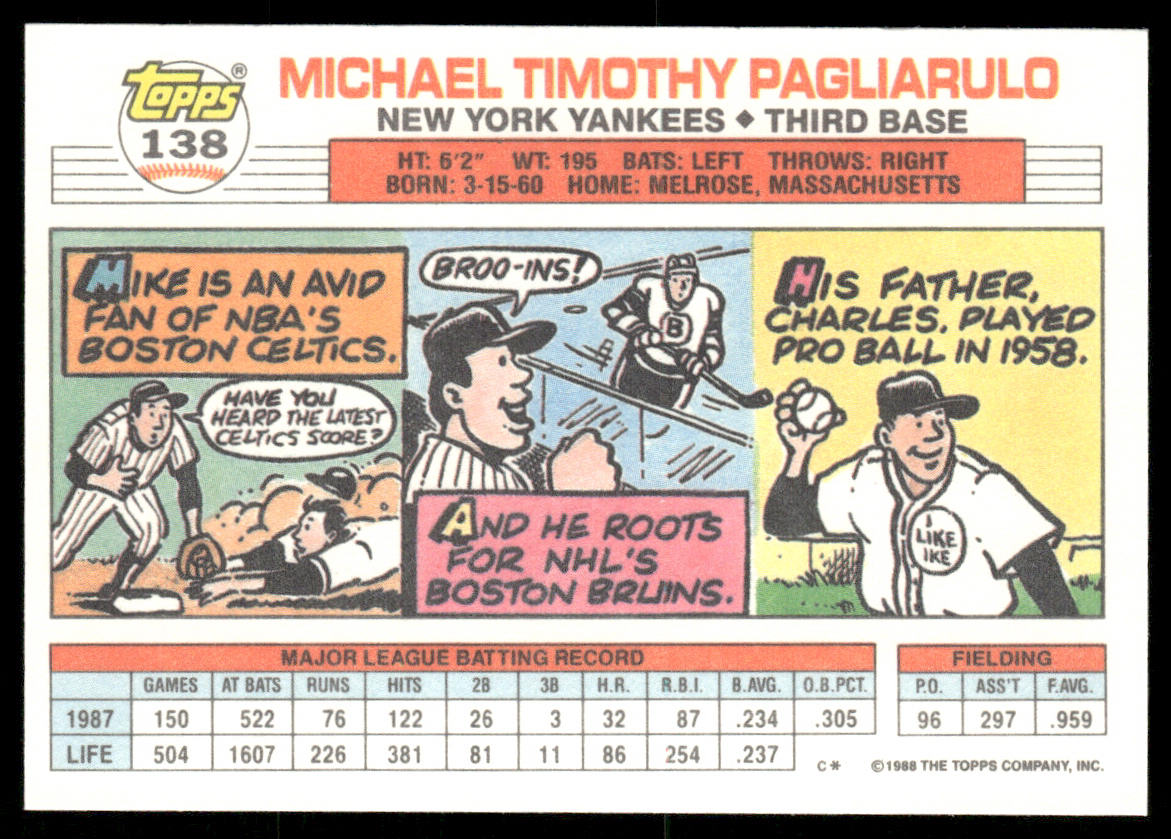Mike Pagliarulo 1988 Topps Big #138a New York Yankees