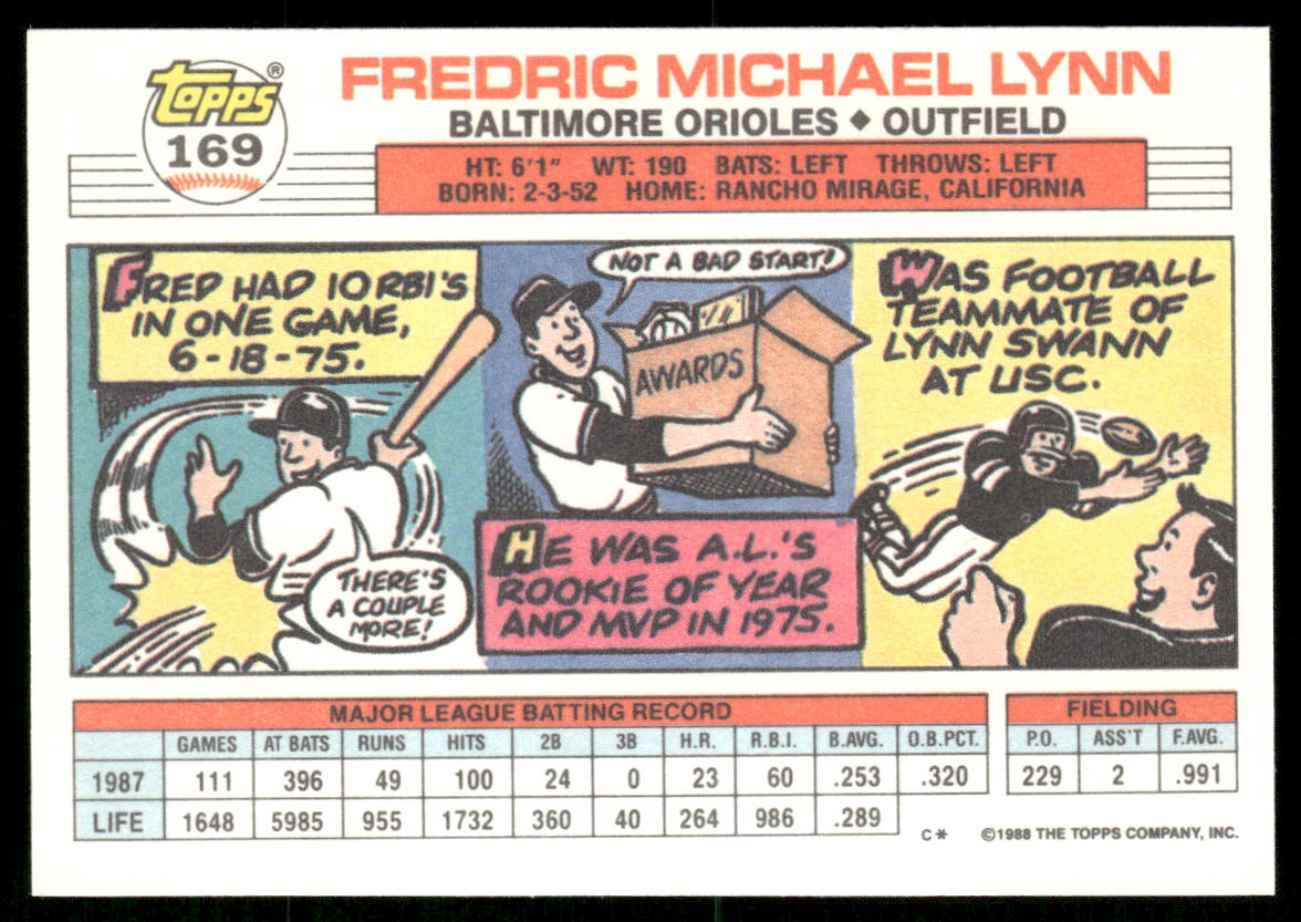 Fred Lynn 1988 Topps Big #169 Baltimore Orioles