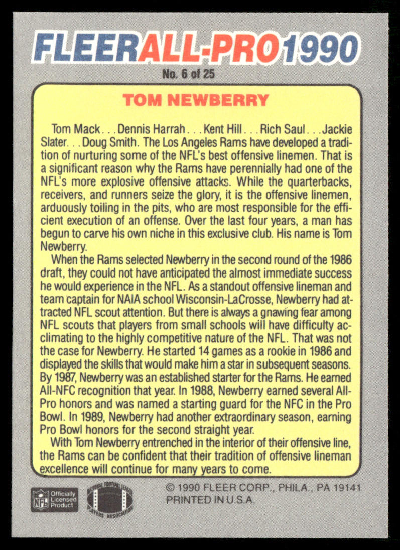 Tom Newberry 1990 Fleer All-Pro #6 Los Angeles Rams