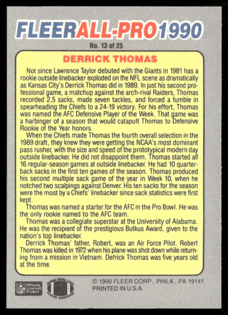 Derrick Thomas 1990 Fleer All-Pro #13 Kansas City Chiefs
