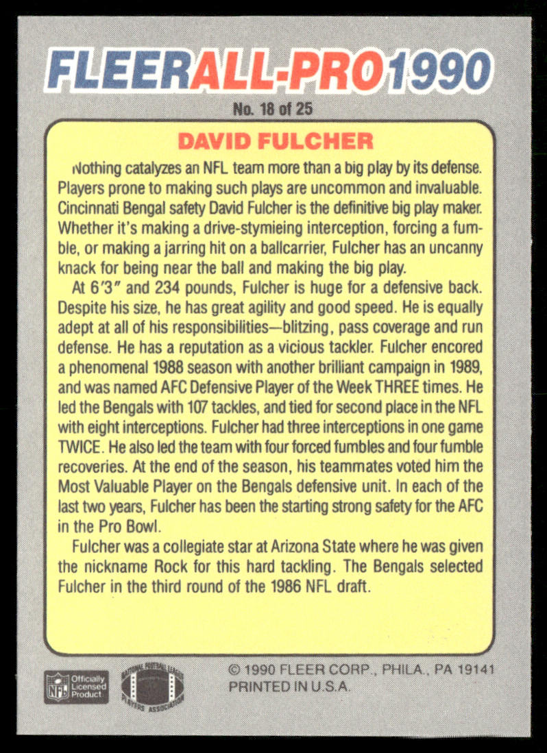 David Fulcher 1990 Fleer All-Pro #18 Cincinnati Bengals