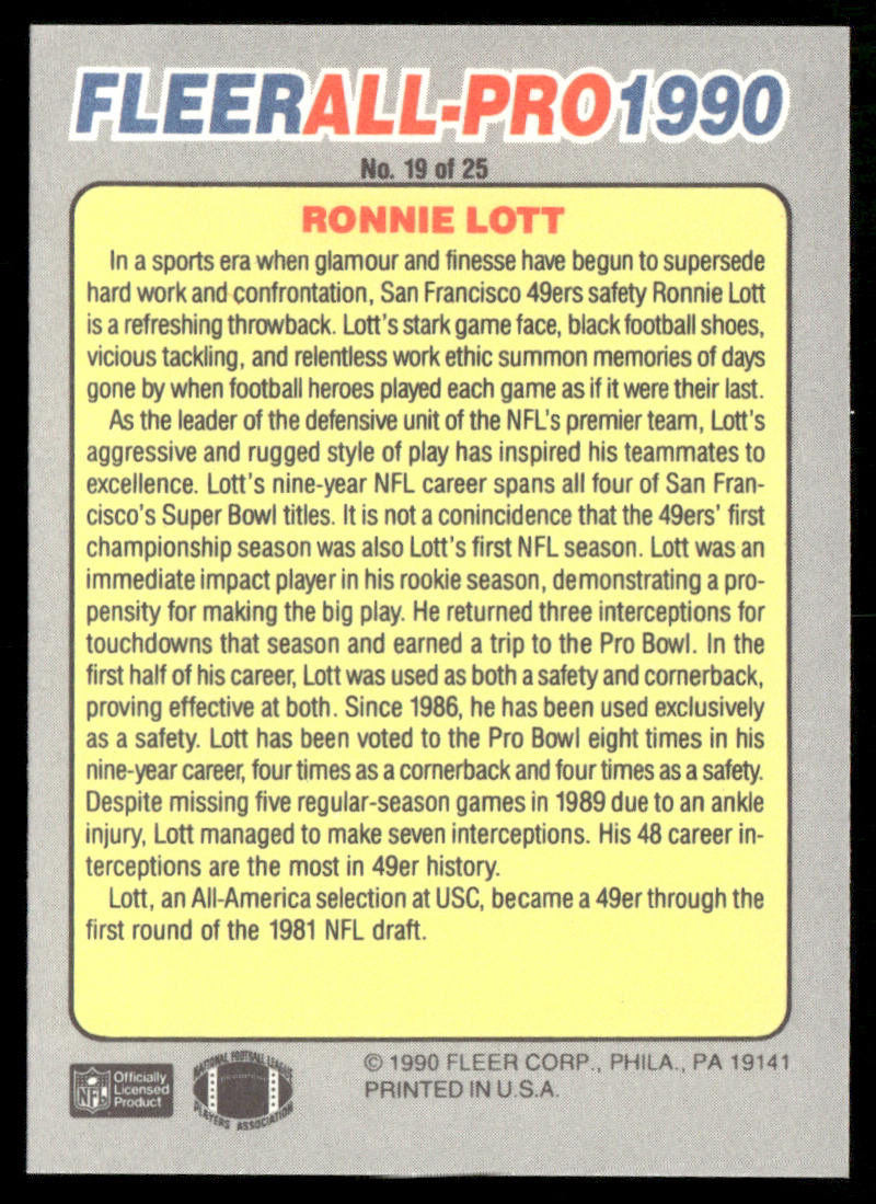 Ronnie Lott 1990 Fleer All-Pro #19 San Francisco 49ers