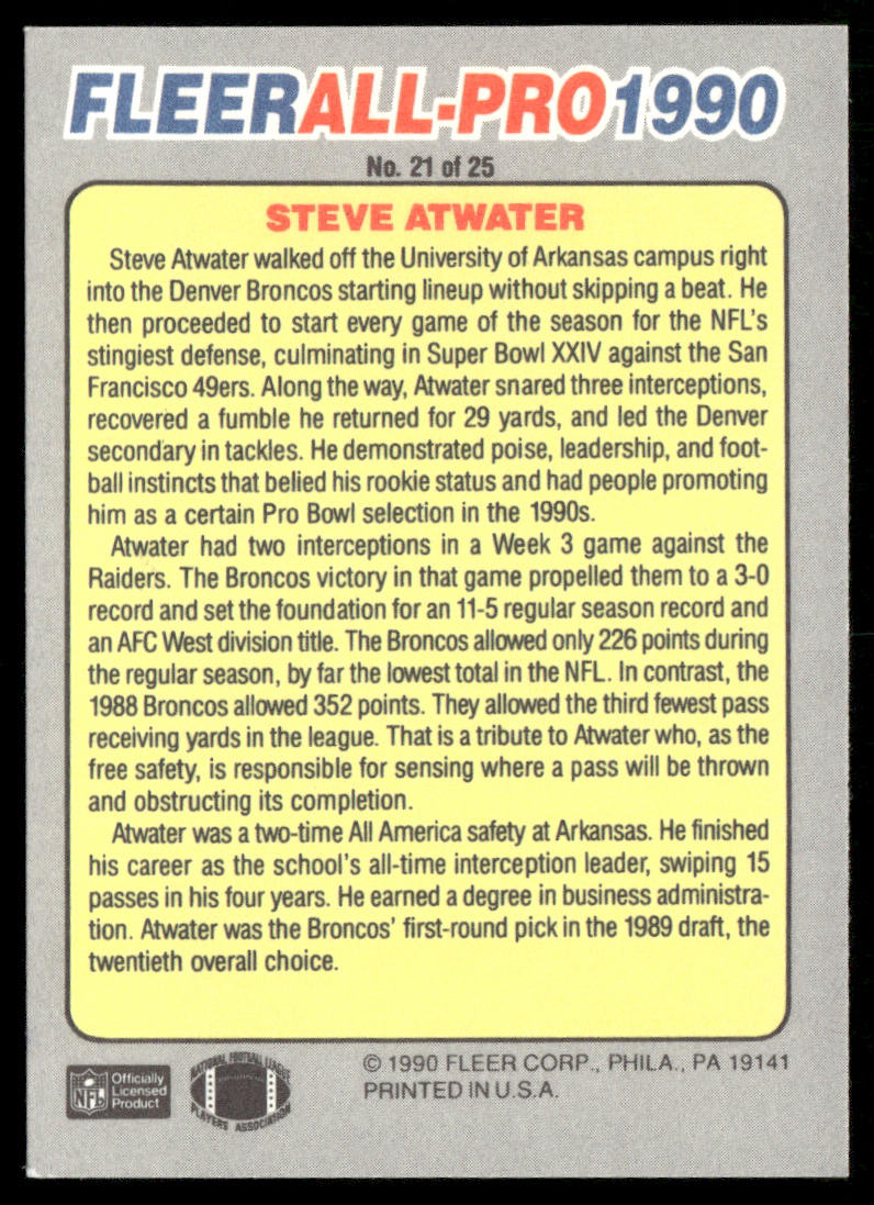 Steve Atwater 1990 Fleer All-Pro #21 Denver Broncos