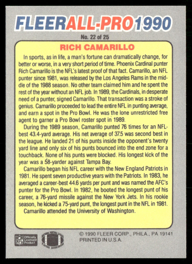 Rich Camarillo 1990 Fleer All-Pro #22 Phoenix Cardinals