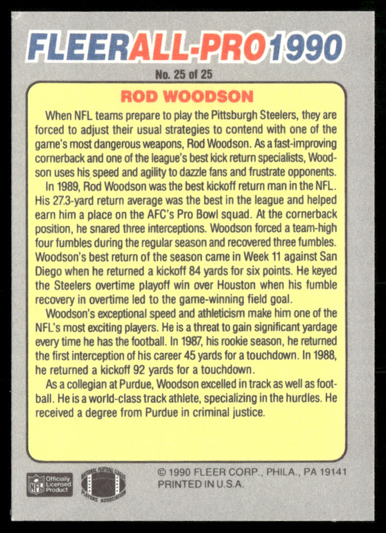 Rod Woodson 1990 Fleer All-Pro #25 Pittsburgh Steelers