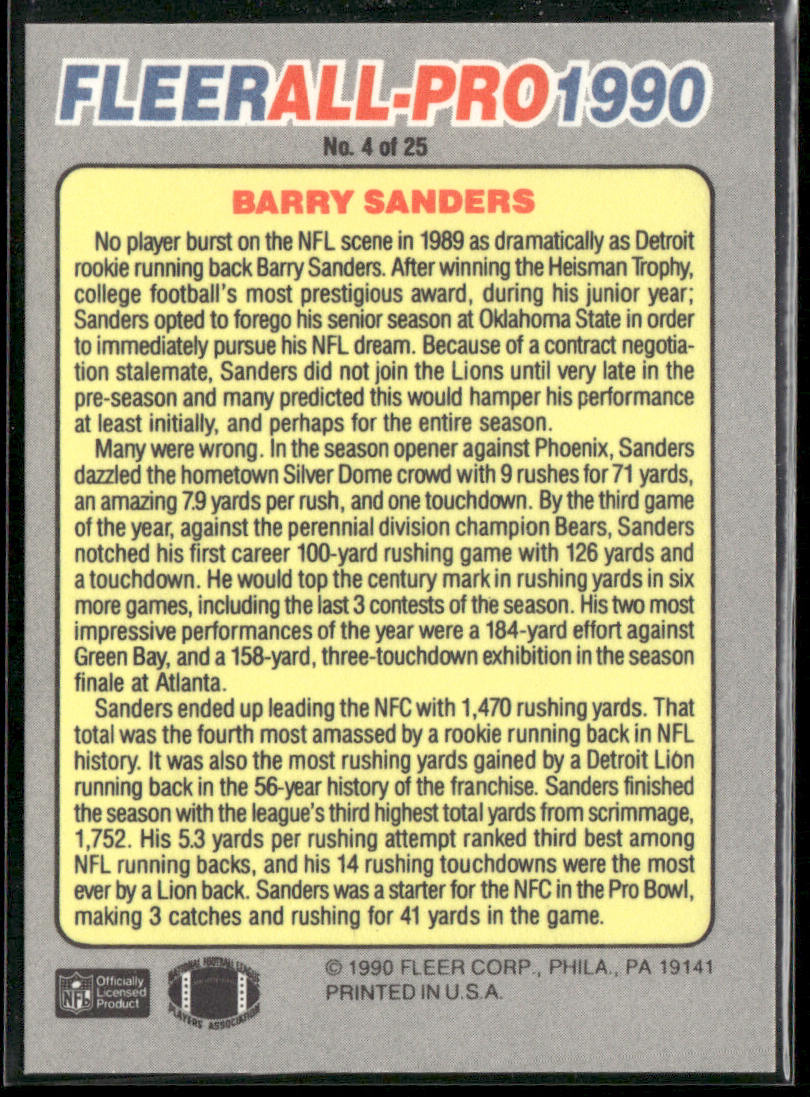 Barry Sanders 1990 Fleer All-Pro #4 Detroit Lions