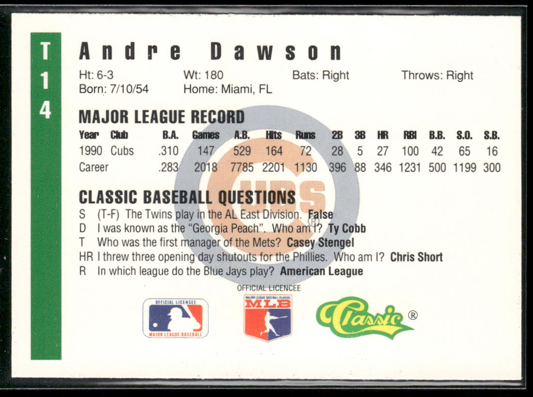Andre Dawson 1991 Classic III #T14 Chicago Cubs