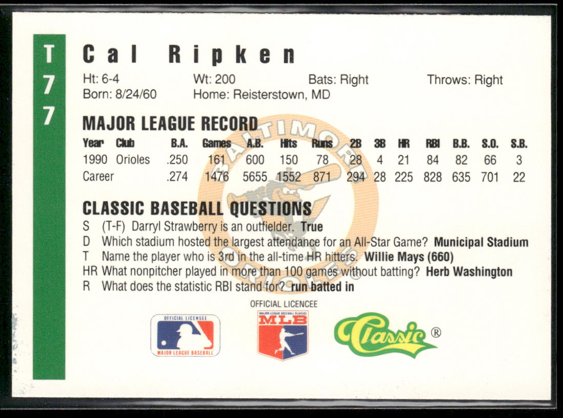 Cal Ripken Jr. 1991 Classic III #T77 Baltimore Orioles