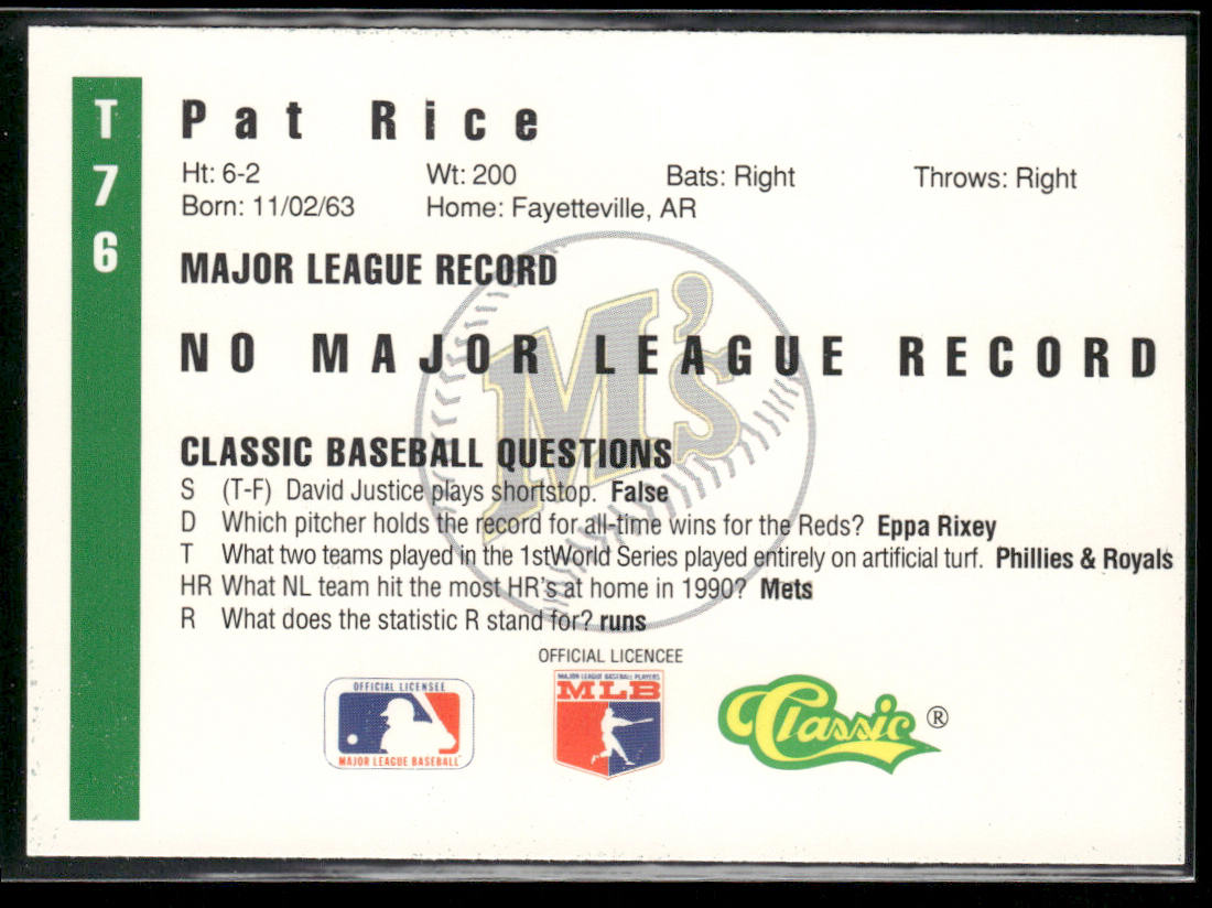 Pat Rice 1991 Classic III #T76 Seattle Mariners