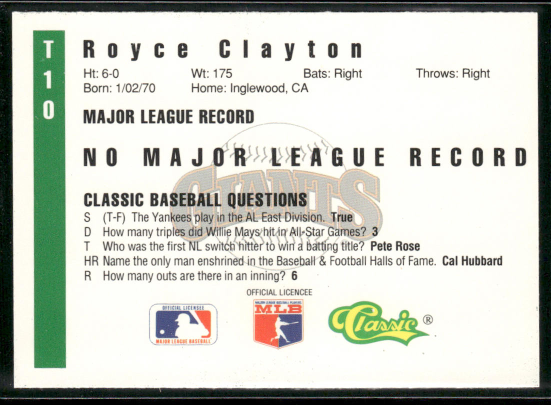 Royce Clayton 1991 Classic III #T10 San Francisco Giants