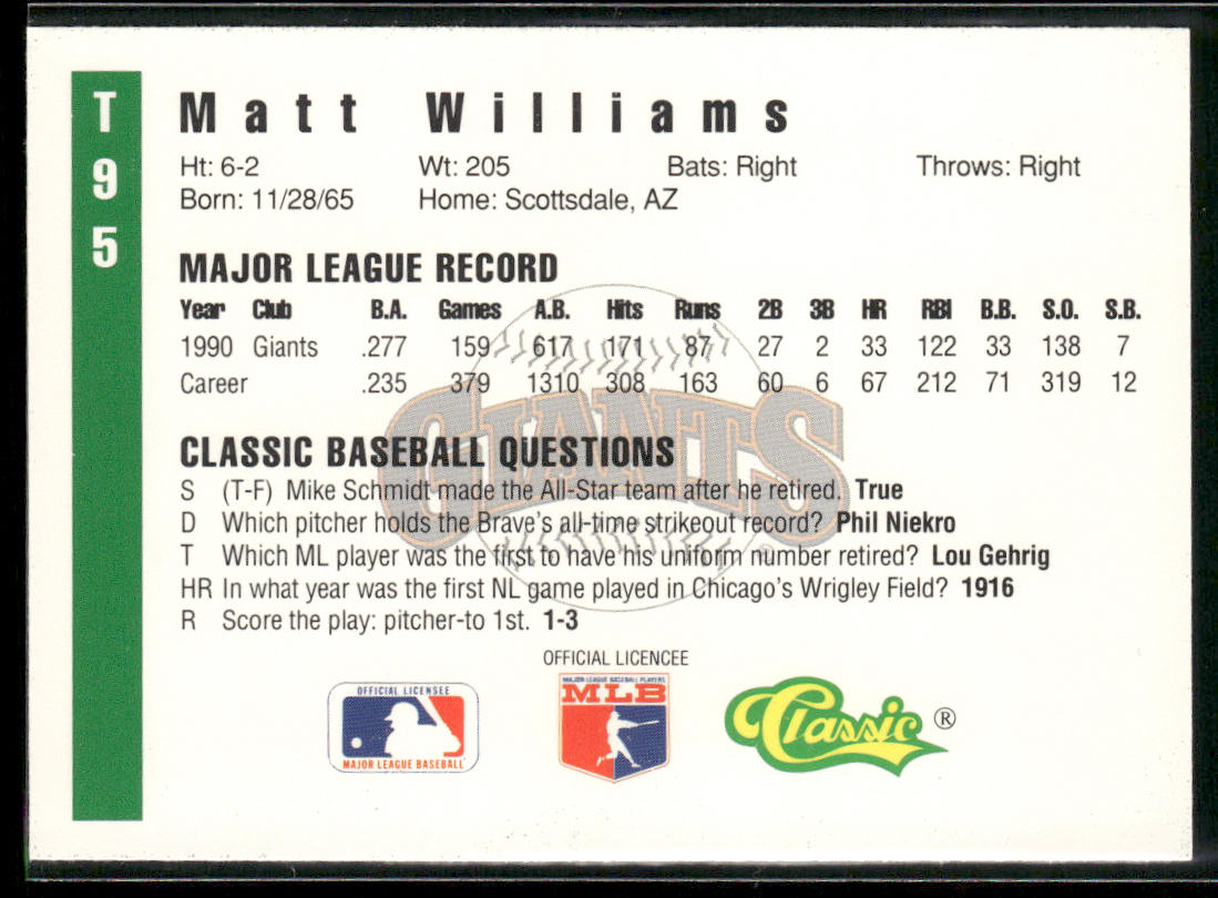 Matt Williams 1991 Classic III #T95 San Francisco Giants
