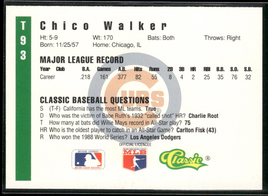 Chico Walker 1991 Classic III #T93 Chicago Cubs