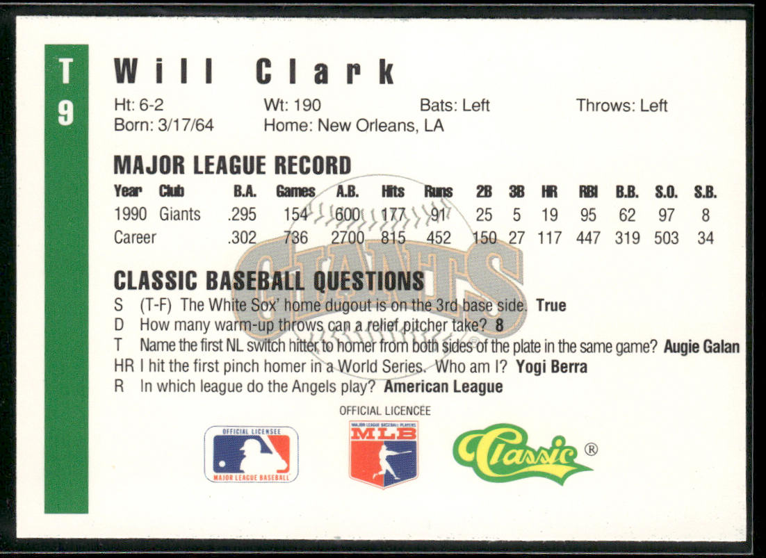Will Clark 1991 Classic III #T9 San Francisco Giants