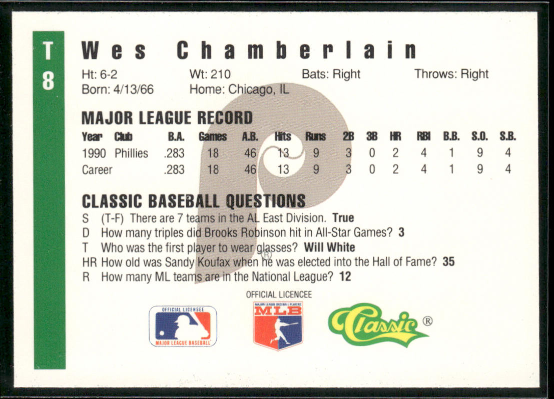 Wes Chamberlain 1991 Classic III #T8 Philadelphia Phillies